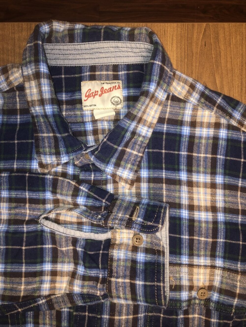 Gap Jeans Men’s XXL TALL Flannel Blue Brown Plaid Long Sleeve Button Up Shirt